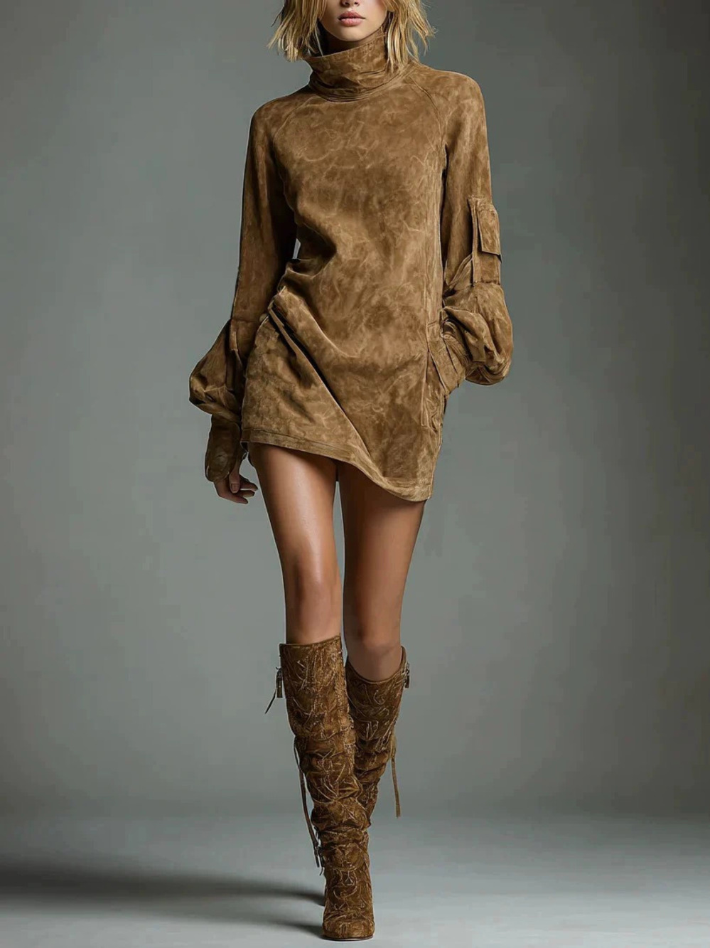 ZARA Fashion Suede High Neck Long Sleeve Pocket Mini Dress